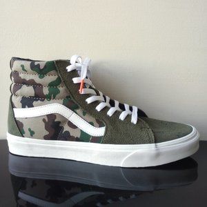 Vans Women's Sk8-Hi Suede / Canvas Sneaker in Cool Looking Camo Olive / White